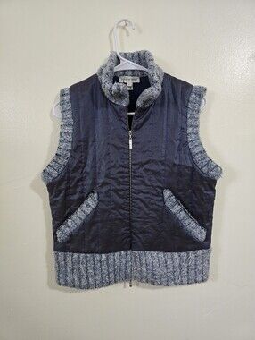 St. John Sport Vest Womens S Quilted Ribbed Wool Trim Full Zip Blue Shimmer